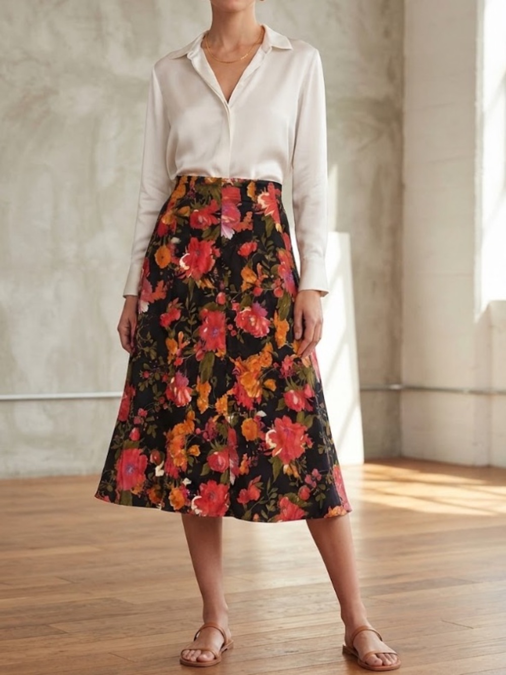 Vintage Adrian Jordan black background vibrant floral midi skirt USA made 14/16